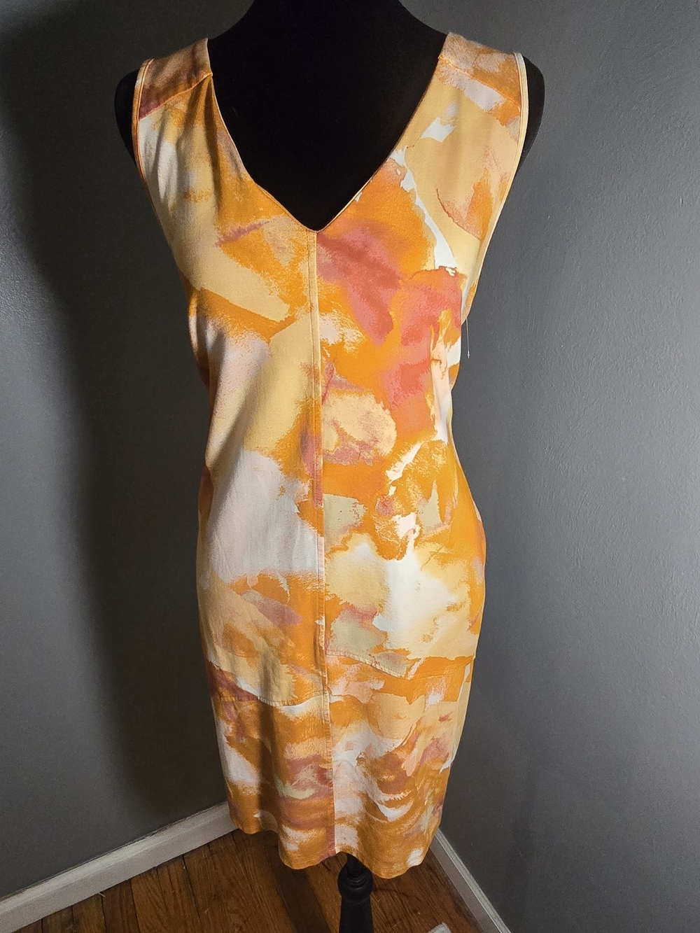 MarlaWynne Orange and Cream V-Neck Watercolor Sheath Dress